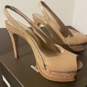 Bebe Platform Nude Zahara Cork Slingback Heels
